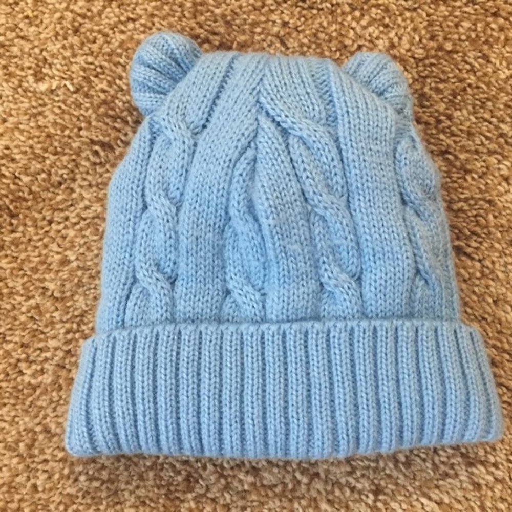 Blue cable baby beanie hat with ears